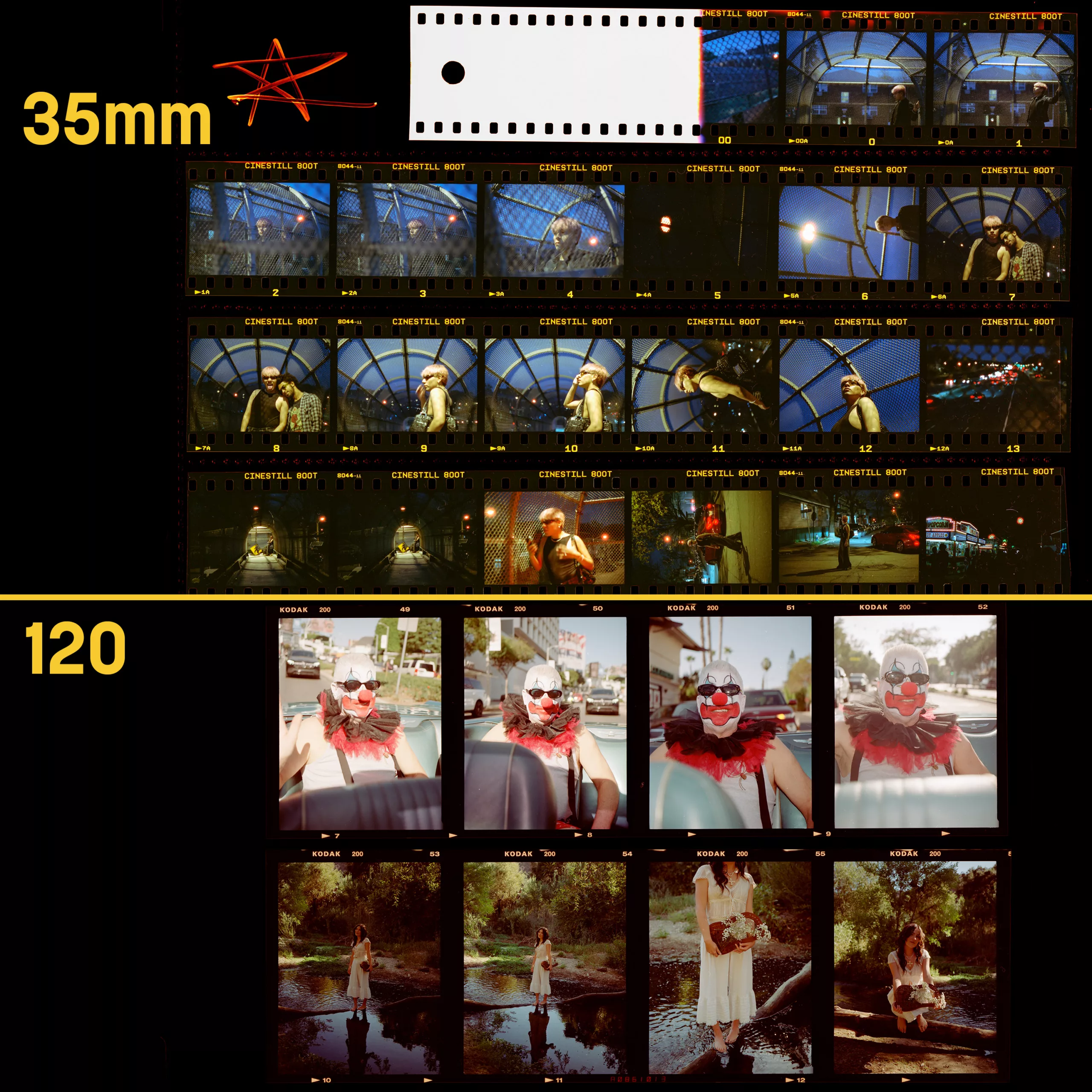A 35mm contact sheet above a 120 contact sheet