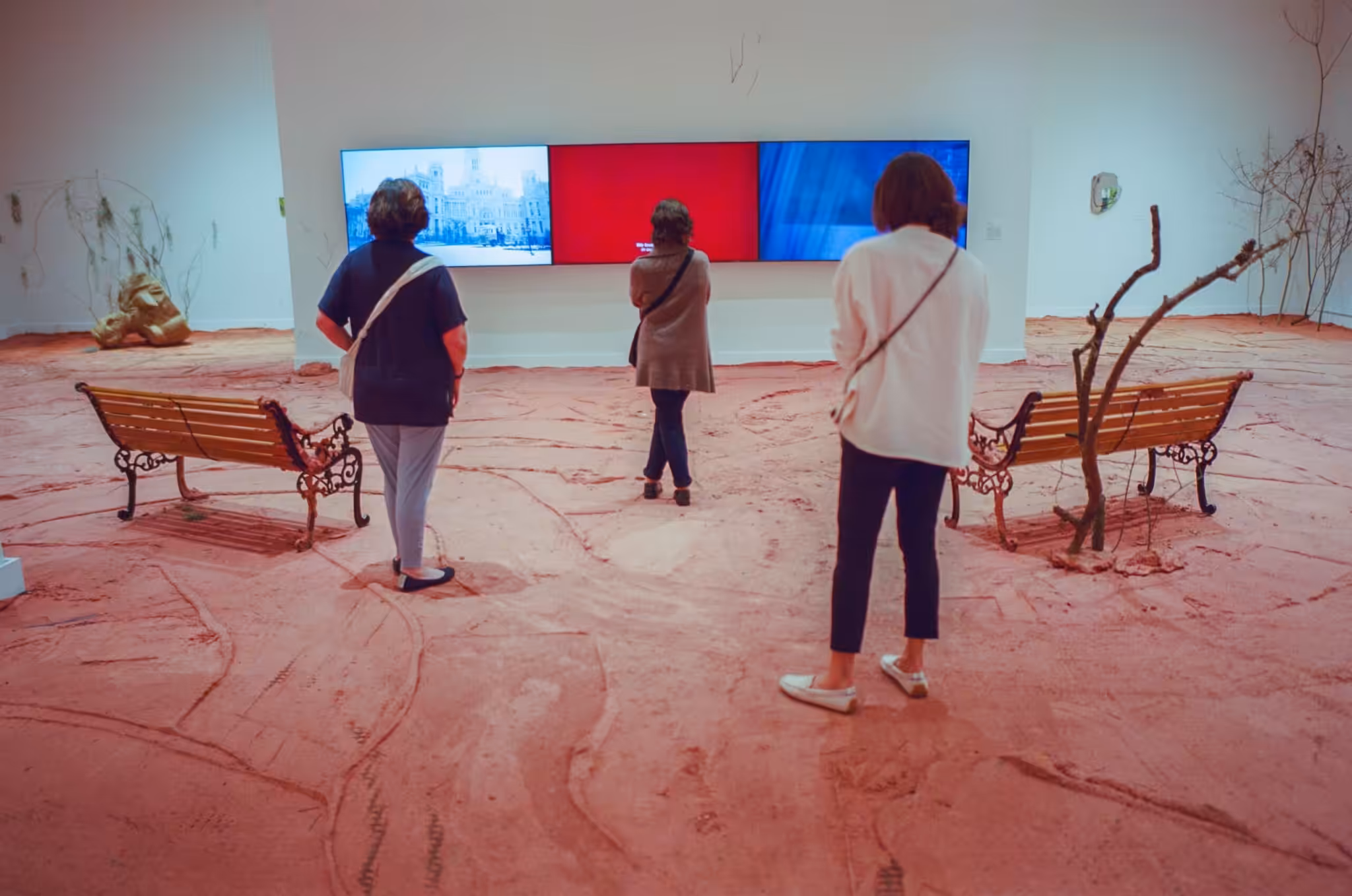 Visitors on a red sand gallery floor facing video screens. Ben, Leica M6, Kodak 200T