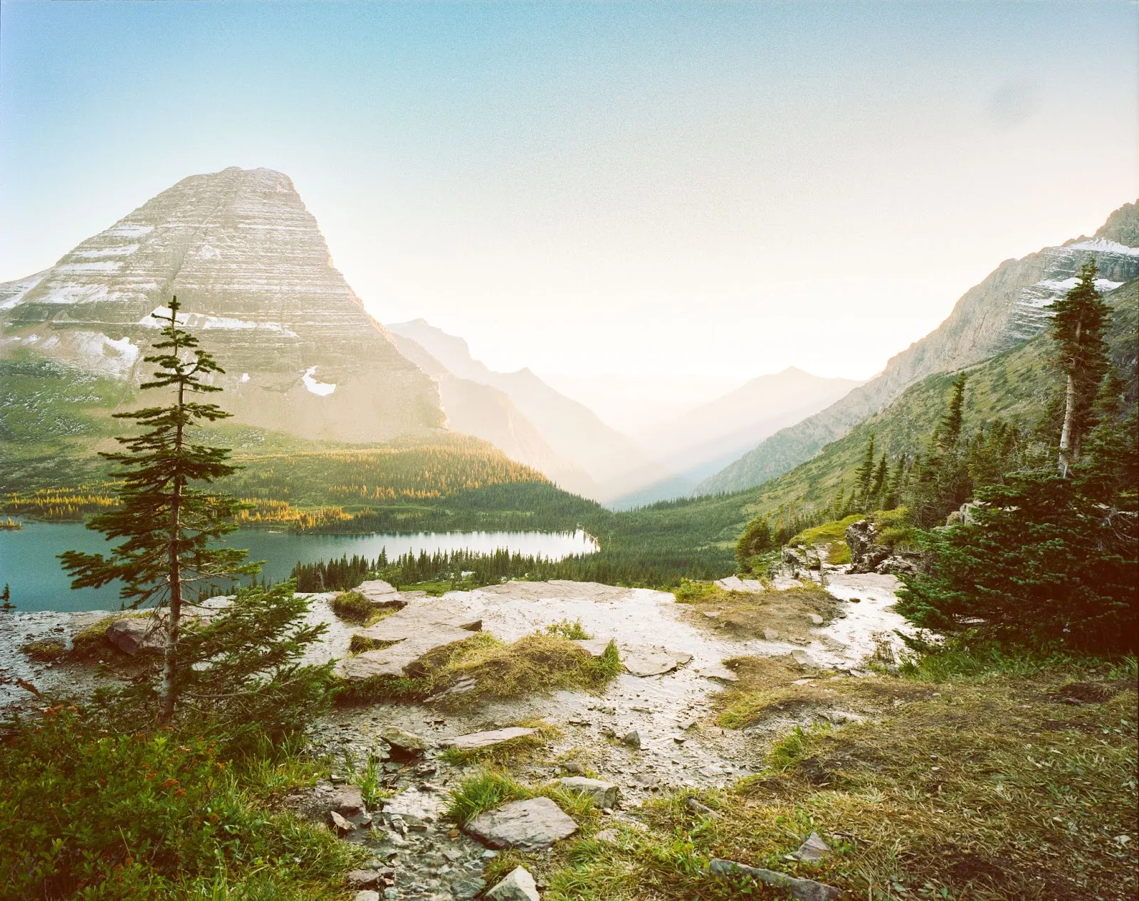 Mountain peak above a lake in Glacier National Park, Mamiya 7 II, Kodak Gold 200