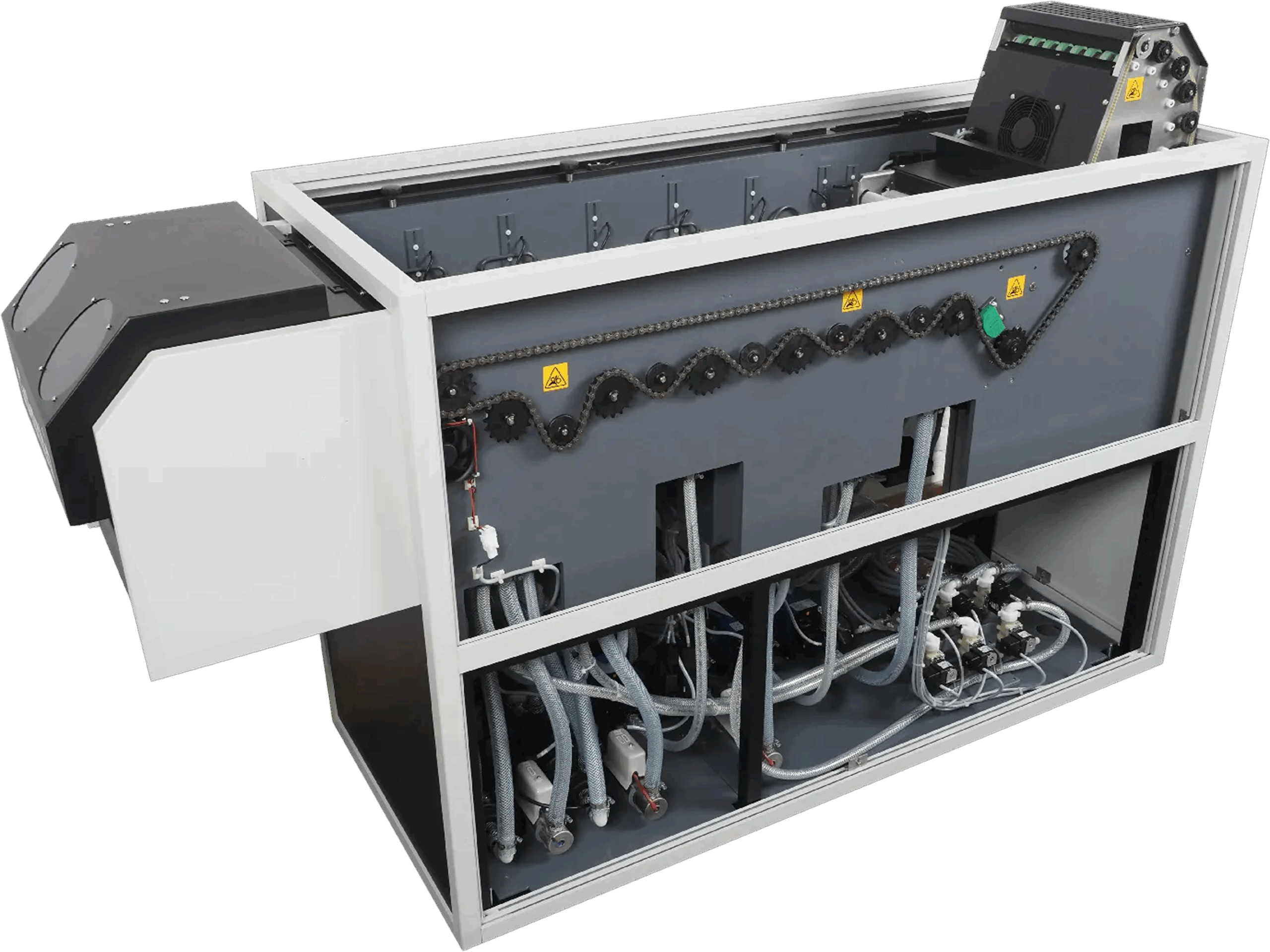 Colenta roller transport processor with panels removed showing internal tank system