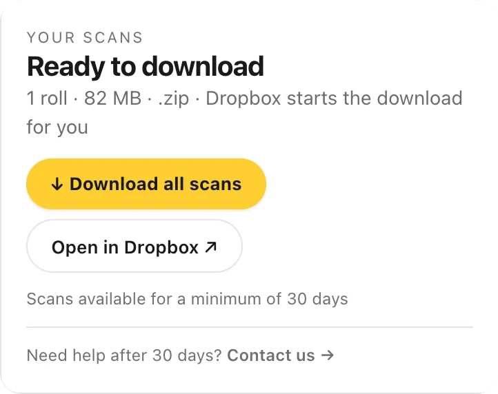 The Your scans card with a Download all scans button and a note that scans stay available for at least 30 days