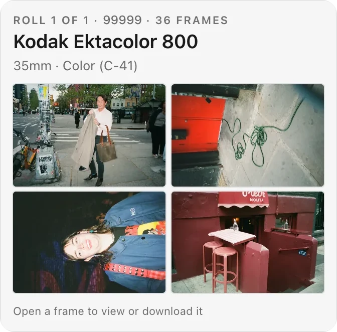 A roll card for Kodak Ektacolor 800, 35mm color C-41, with four frames from the roll