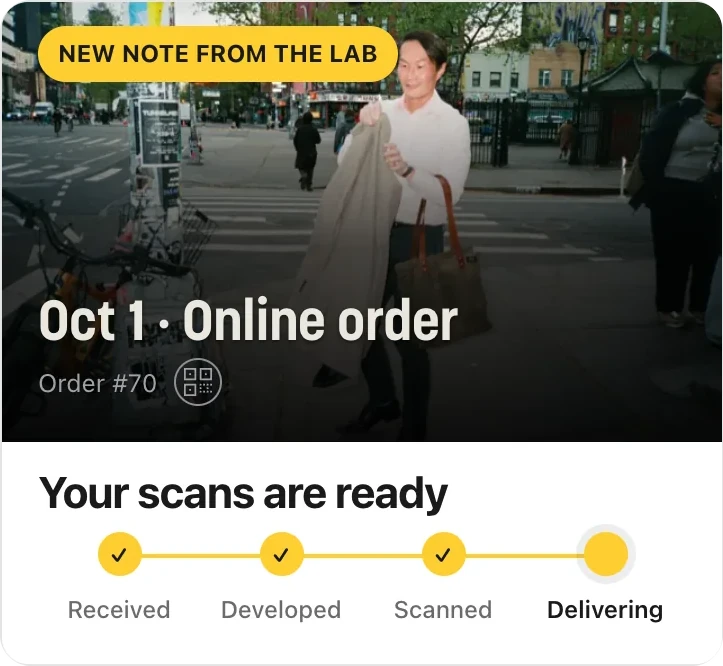 An order in the Gelatin Labs account with a photo from the roll, a new note from the lab, and a tracker at Received, Developed and Scanned