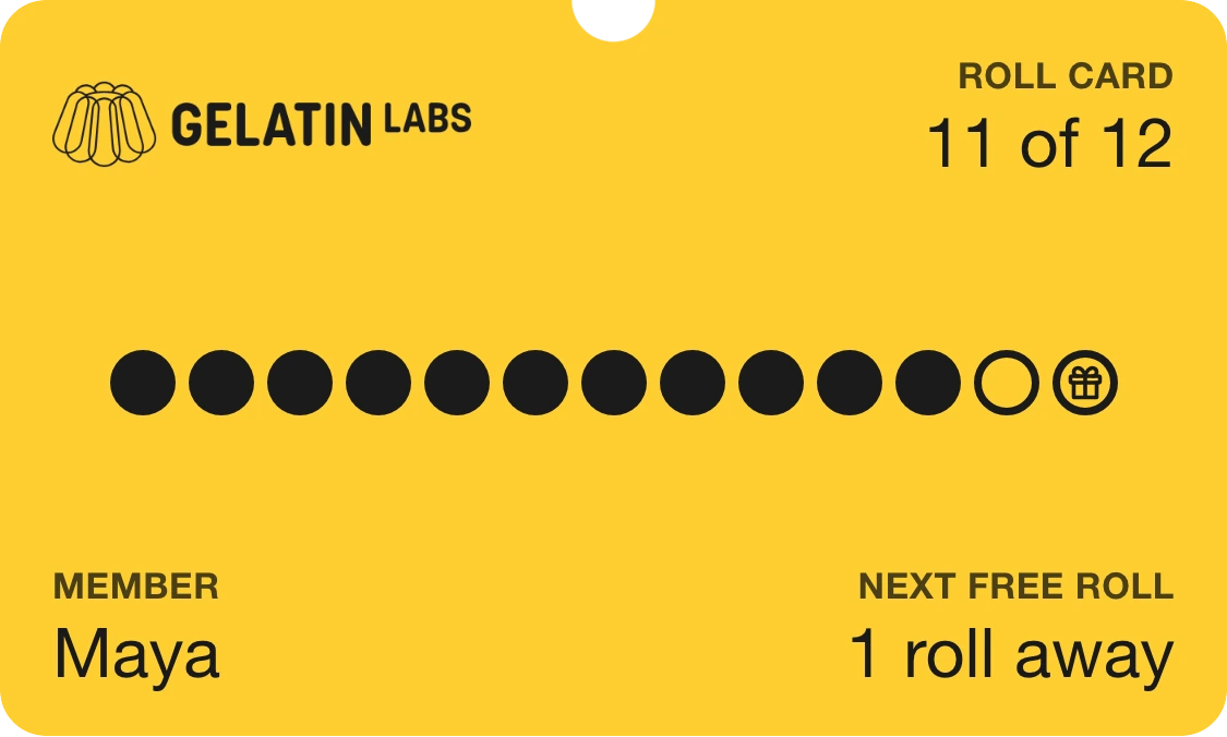 The Gelatin Labs member card in Wallet for a member named Maya, one roll away from a free roll